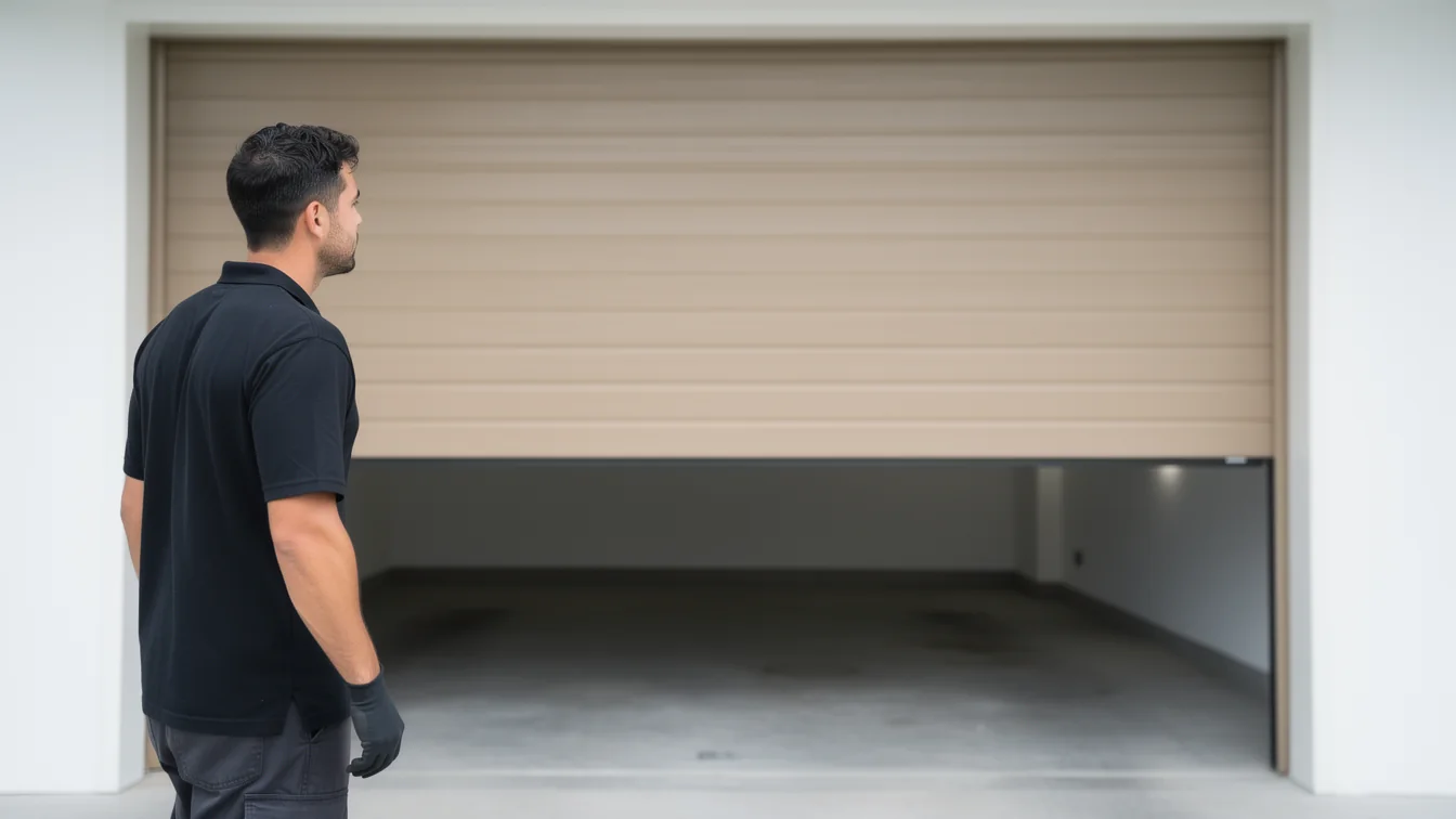 A technician in a black shirt and gloves stands in front of a partially open garage door.