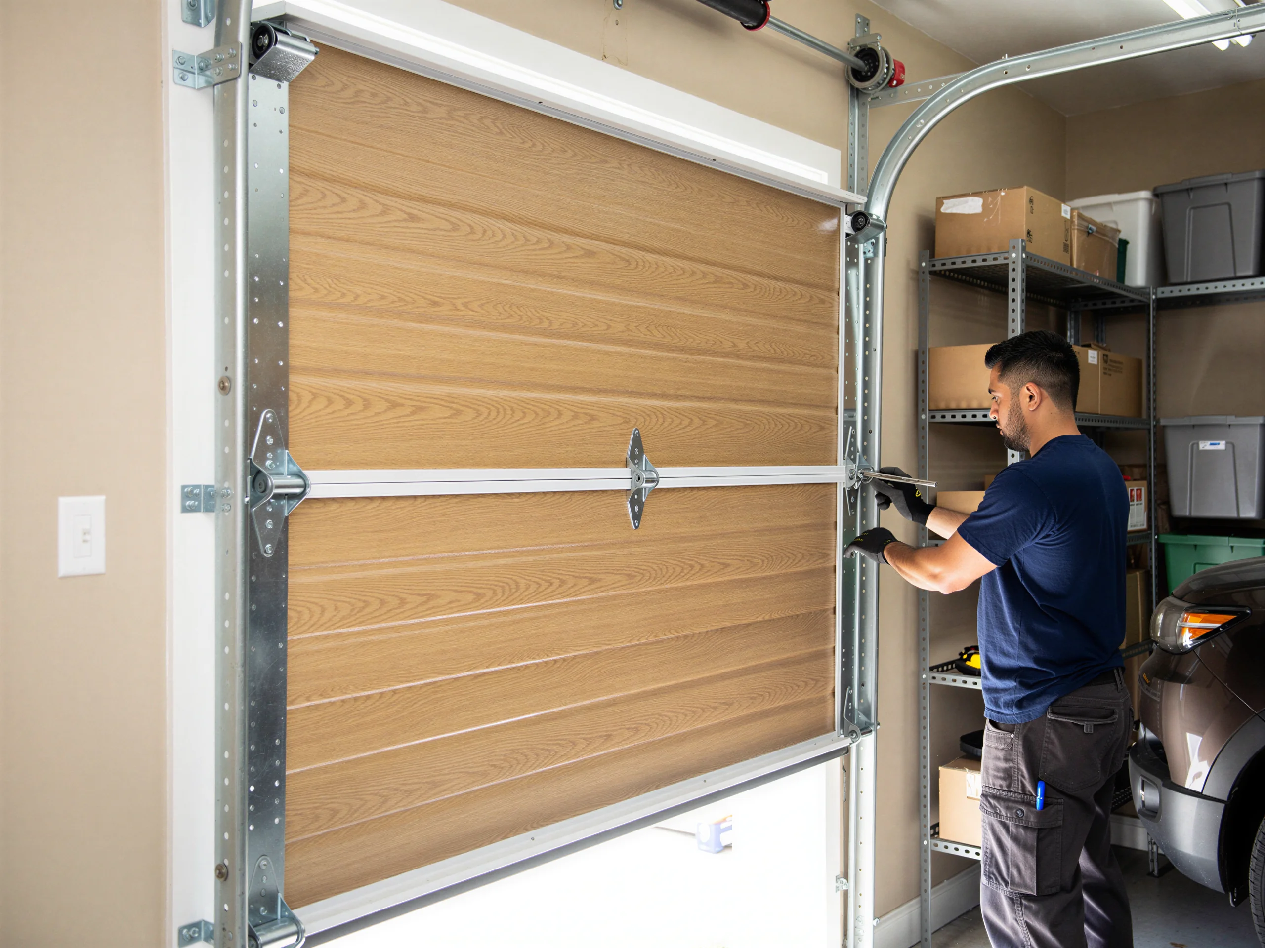 A technician works on a wood-look garage door in a garage.