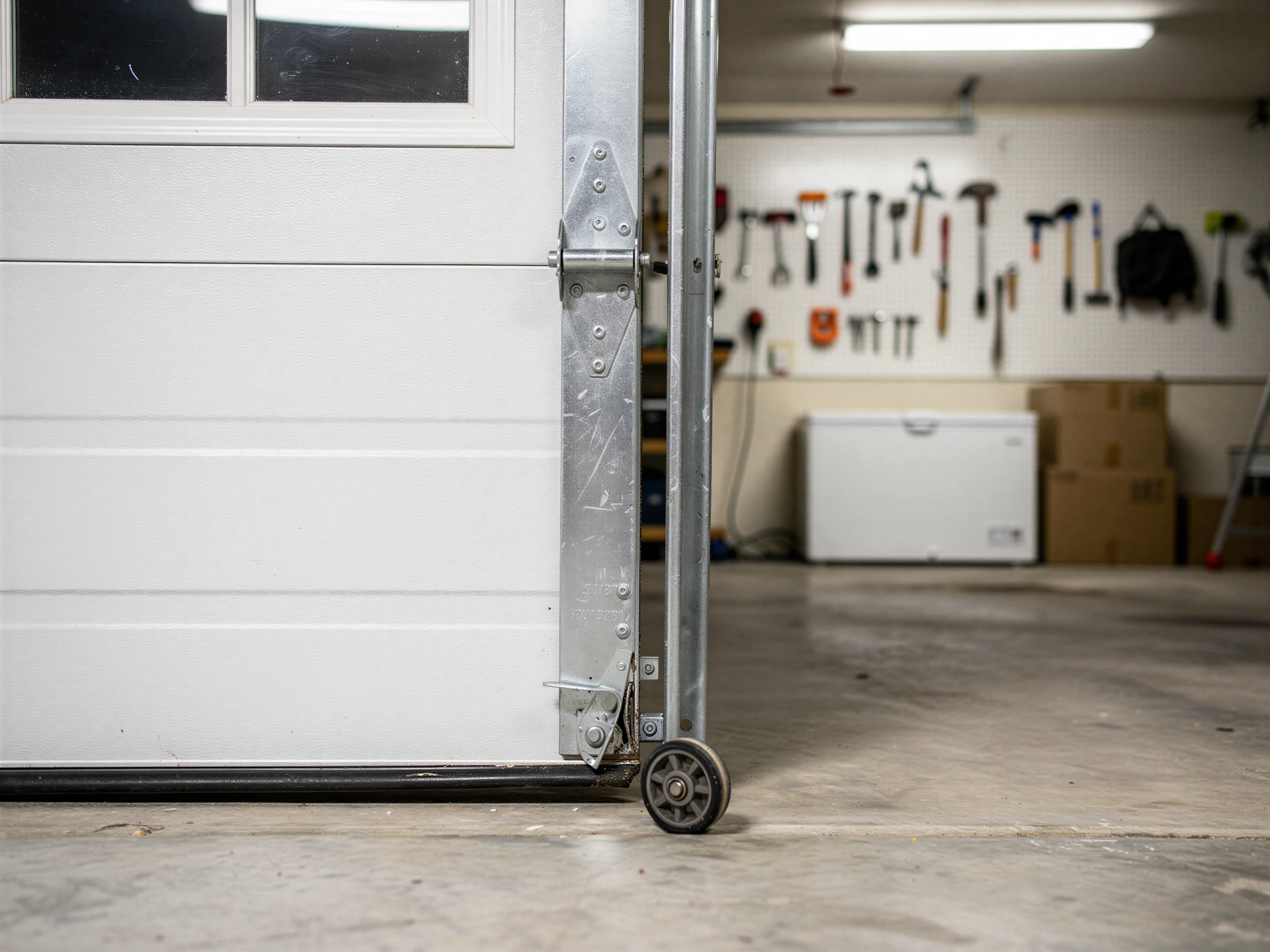 A white garage door is open, showing a garage interior with tools.