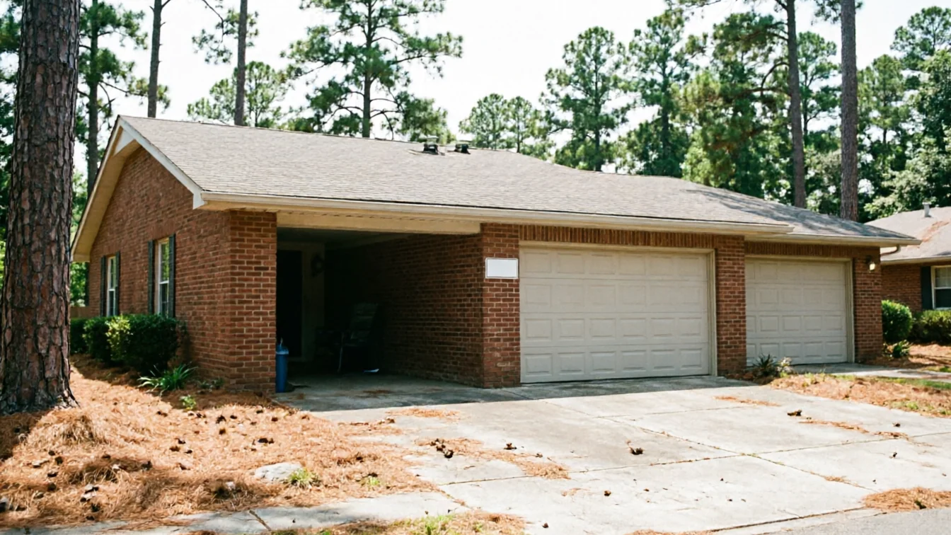 A brick house has two beige garage doors and a carport.